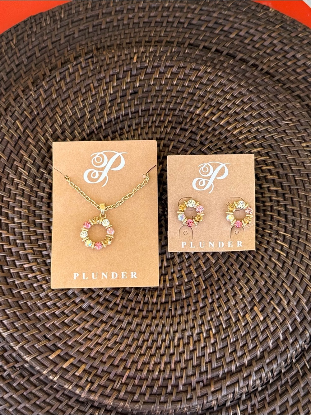 Plunder Gold Tone Floral Necklace and Earrings with Pink & Yellow Accents